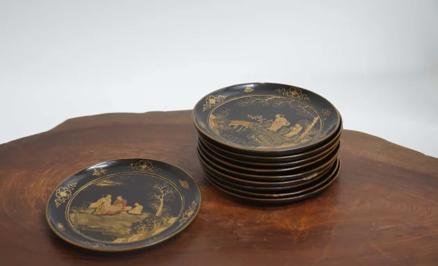 茶道具_漆器_南蛮絵の菓子塗皿（合箱）